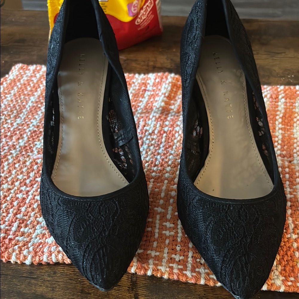 Kelly & Katie Black Heels with Elegant Lace Overlay